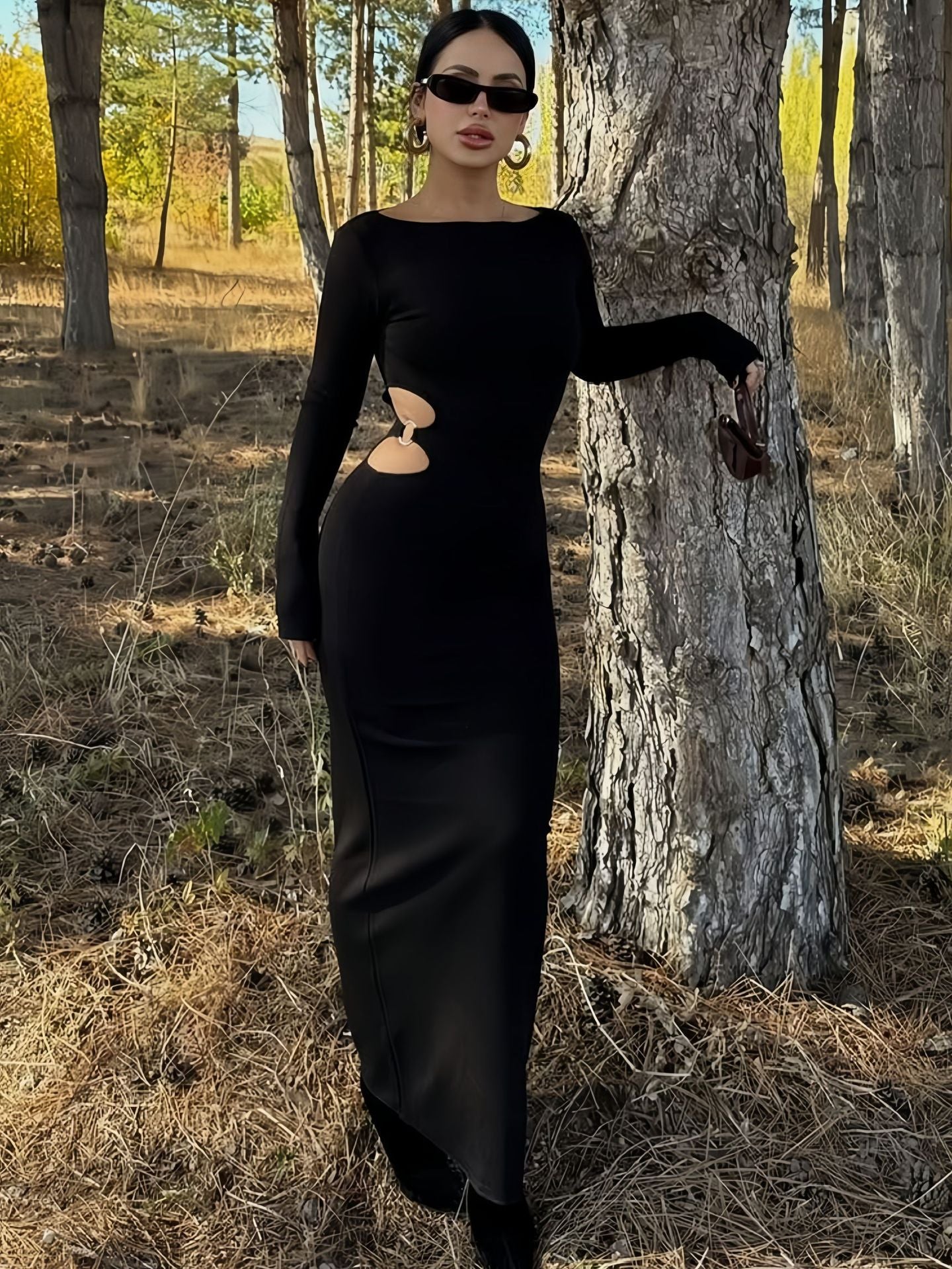 Women Clothing Sexy Hollow Out Cutout round Neck Autumn Long Sleeve Dress