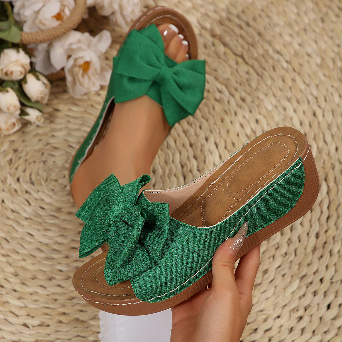 Wedge Platform Slippers Women Bow Fish Mouth Beach Slippers