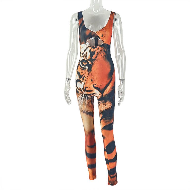 Personality Women's Printed Wear Street Niche Strap Jumpsuit Bandeau Sexy Tiger Pattern Long Jumpsuit