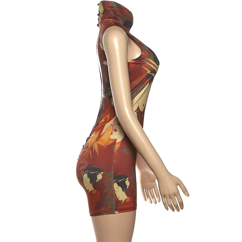 Women Autumn Winter Women Clothing Personalized Printing High Neck Sexy Slim Sleeveless Jumpsuit