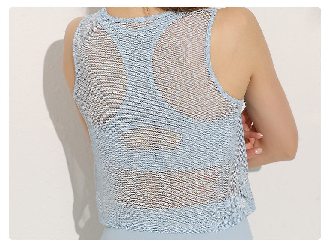 Summer Thin Mesh Yoga Clothing Top Blouse Women Sleeveless Vest Quick Drying Breathable Workout Top Bandage Dress
