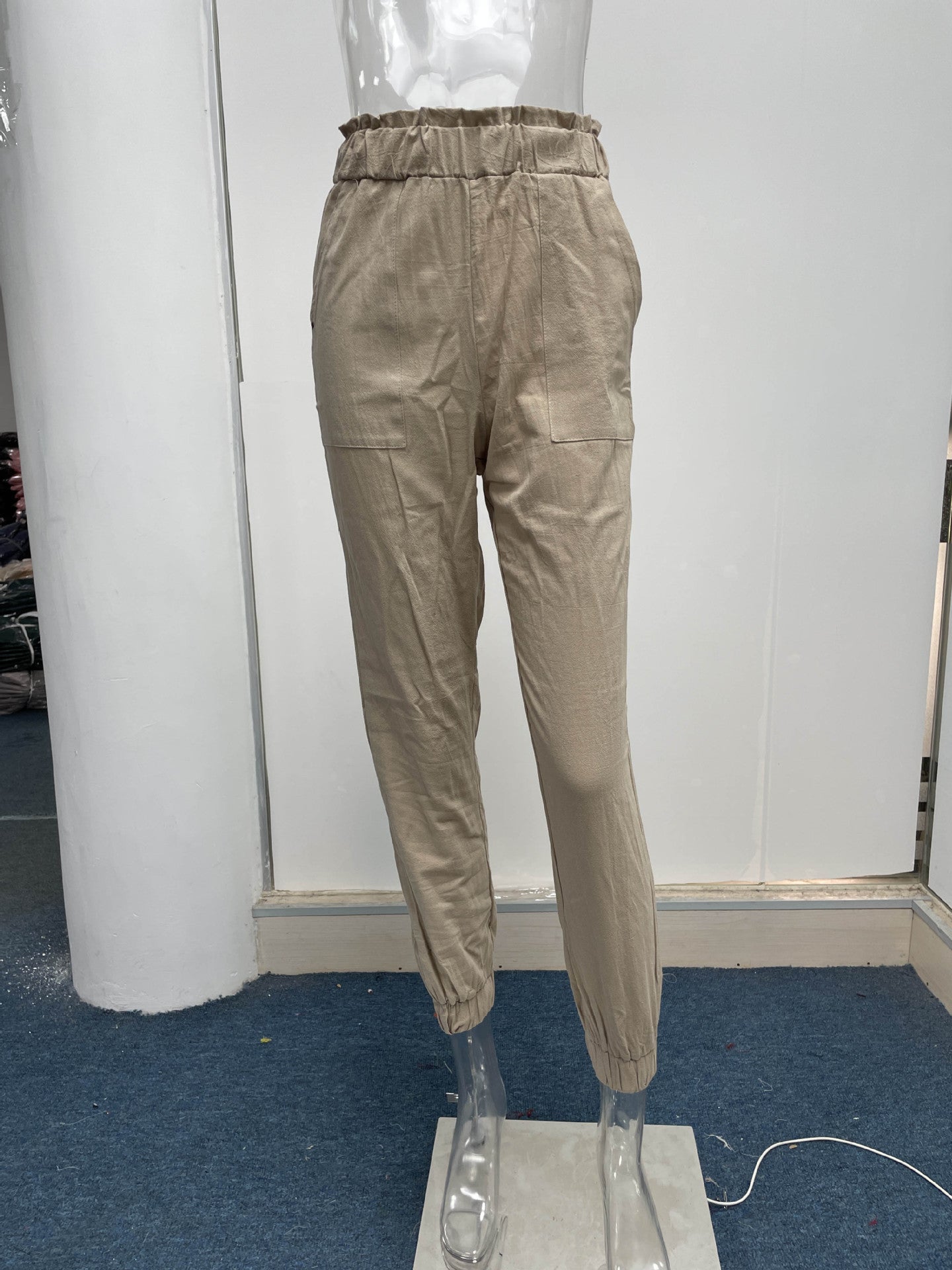 Women Clothing Spring Ruffled Elastic Waist High Waisted Trousers