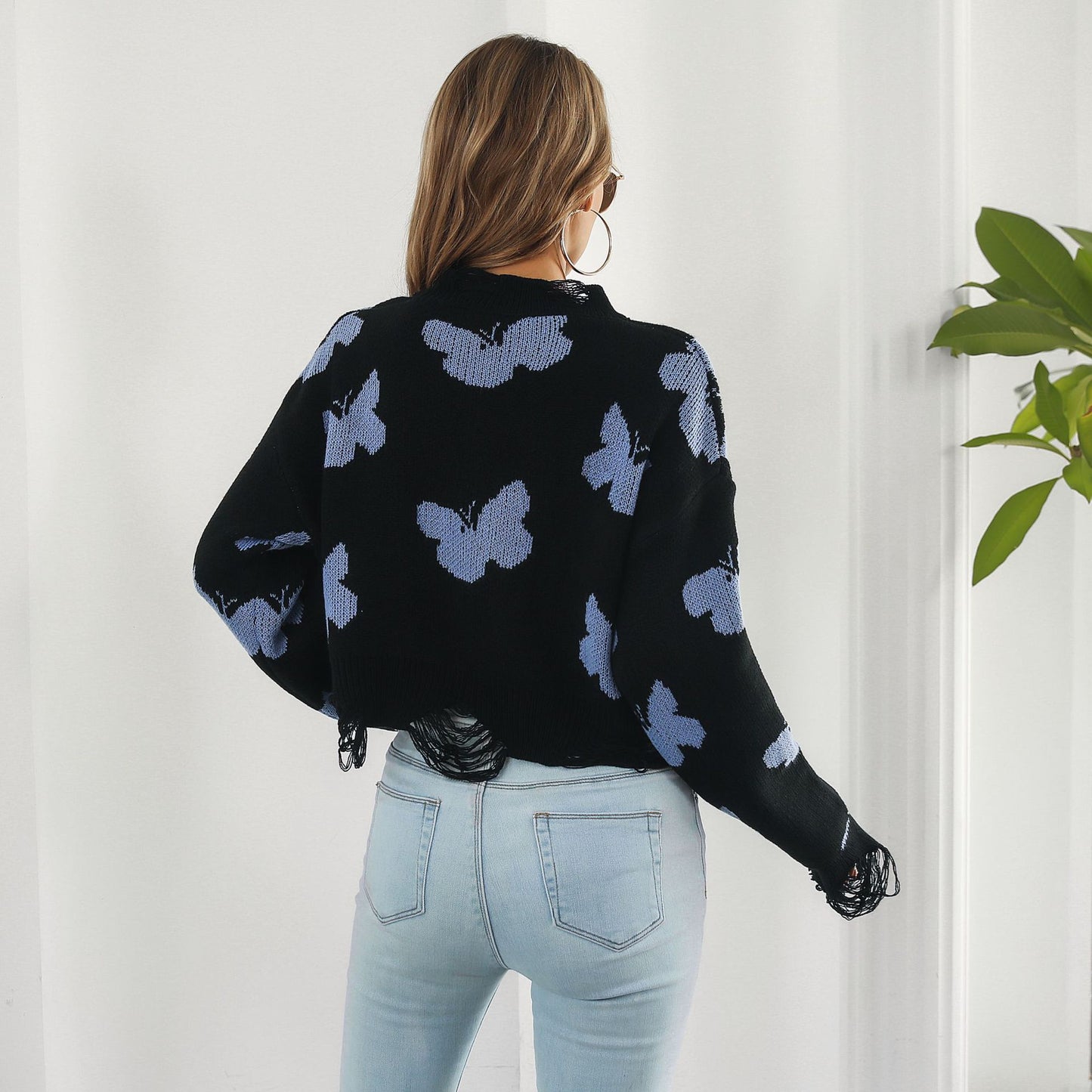Ripped Butterfly Jacquard Short Sweater Women Autumn Winter Long Sleeve Sweater Sweater