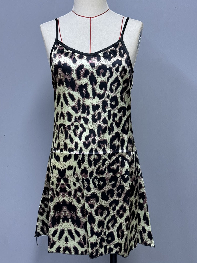 Sexy Backless Ice Silk Suspender Artificial Silk Nightdress Summer Printed Pajamas Short Women Homewear