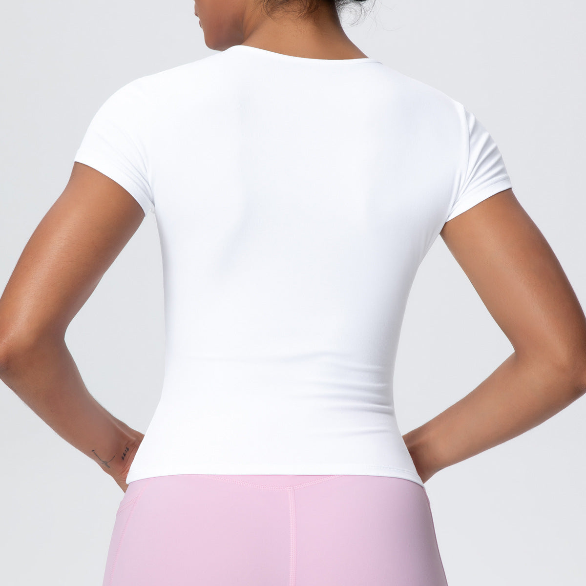 Casual Solid Color Sports Short Sleeve Waist Controlled Slim Fit Breathable Yoga T shirt Running Training Nude Feel Workout Top