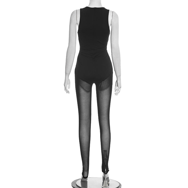 Women Clothing Spring Solid Color Sexy Pleated Sleeveless Stitching Mesh Slim Fit Long Conjoined Trousers