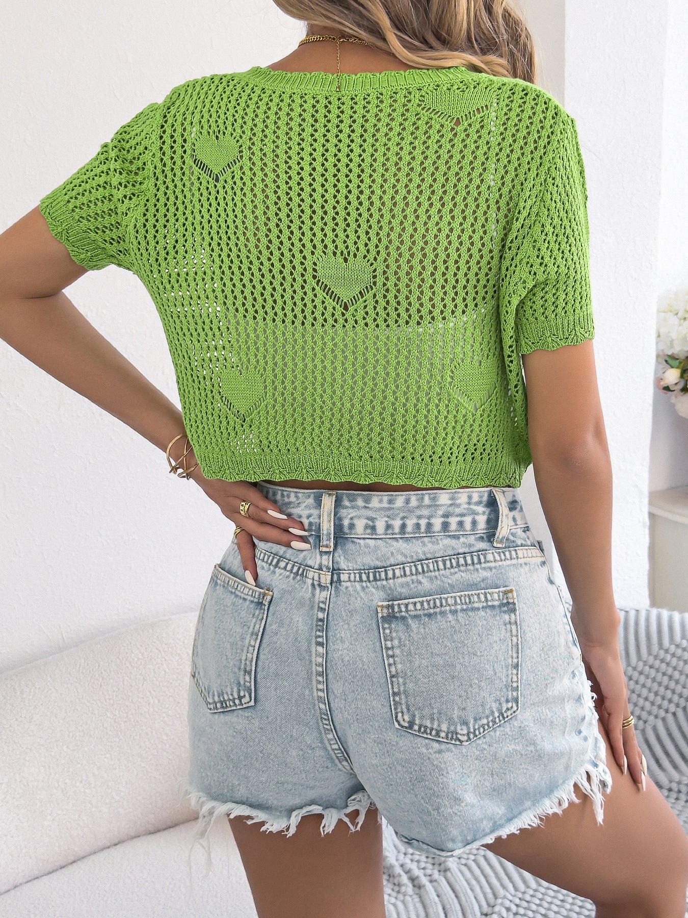 Spring Summer Solid Color Hollowed Heart Shape Lace up Short Sleeved Sweater Cropped Cardigan Women Clothing Valentine Day