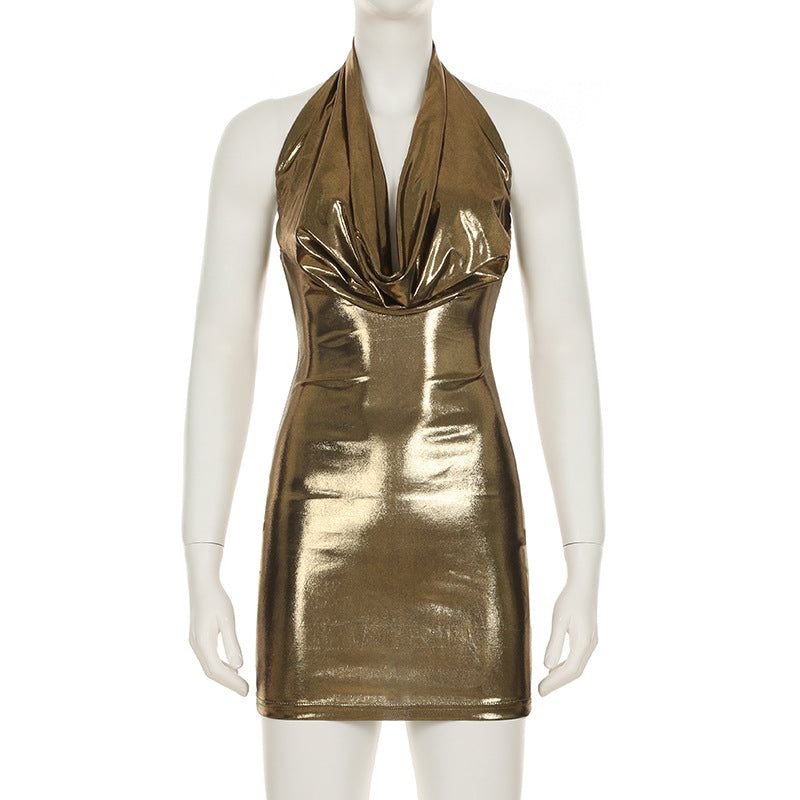 Metallic Glossy Features Swing Collar Sleeveless Halter Dress Backless Sheath Sexy Dress
