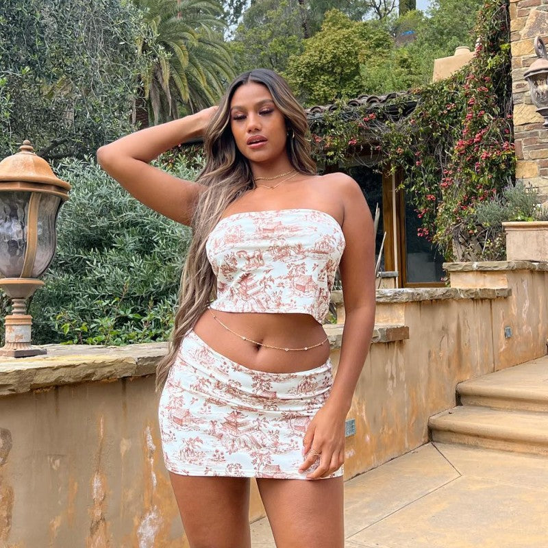 Sexy Summer Sleeveless Printed Tube Top Slim Fit Hip Wrapped Short Skirt Women Suit
