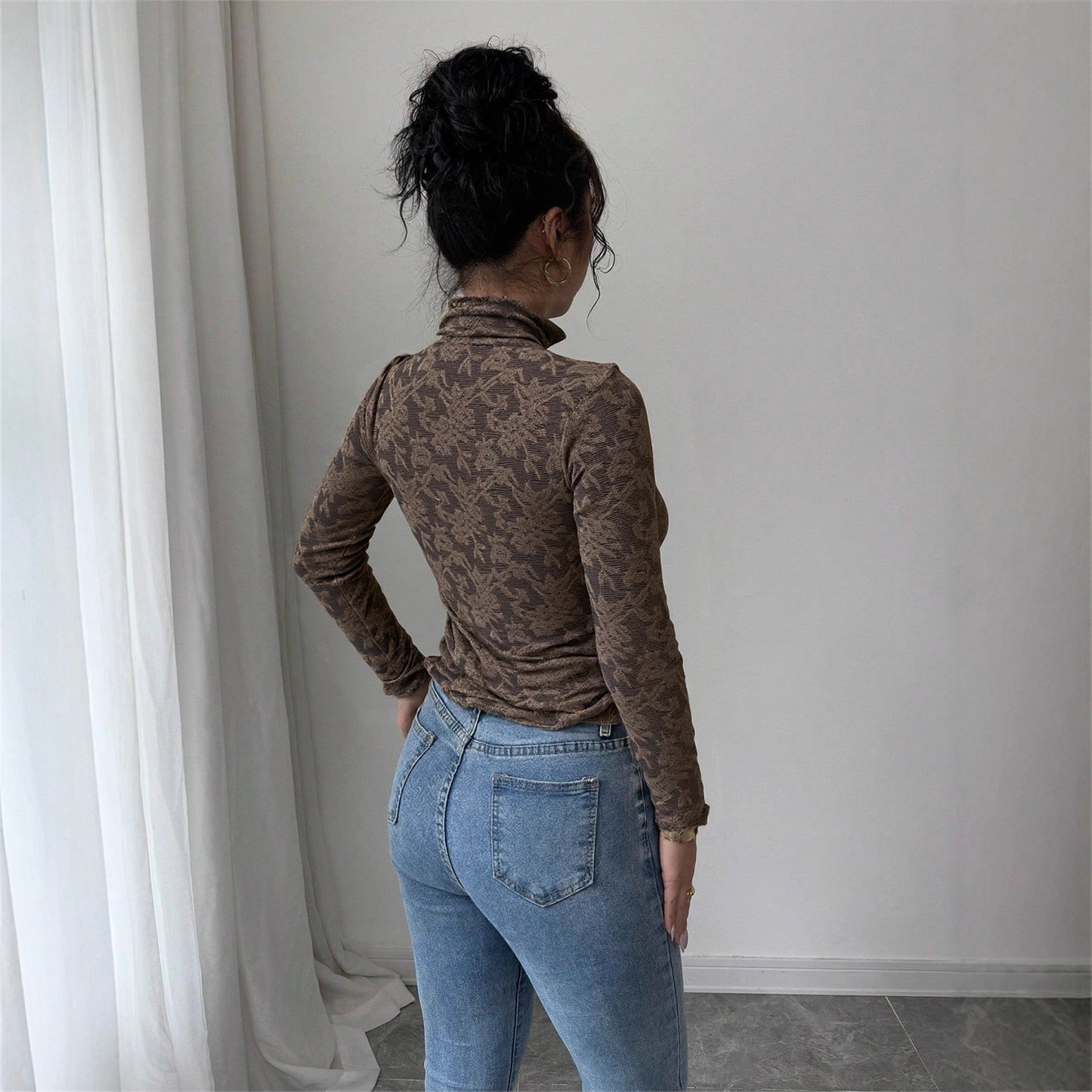 Women Clothes Bottoming Shirt Autumn Winter Fleece Lined Keep Warm Inner Match Half Turtleneck Stitching Mesh Top