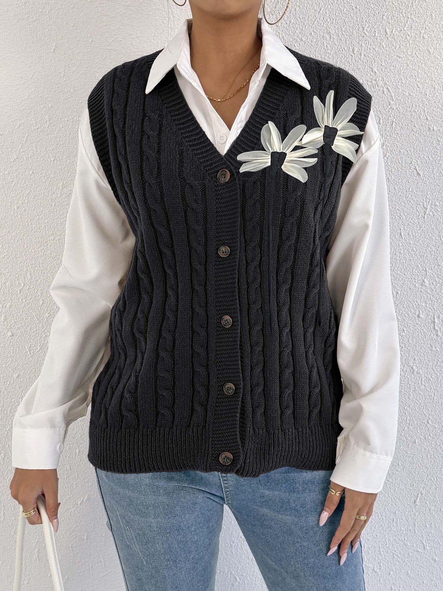 Women Knitted Cardigan Autumn Winter Women Clothing Casual Outerwear Vest Twist Woven Sweater Three Dimensional Floral Stitching Vest