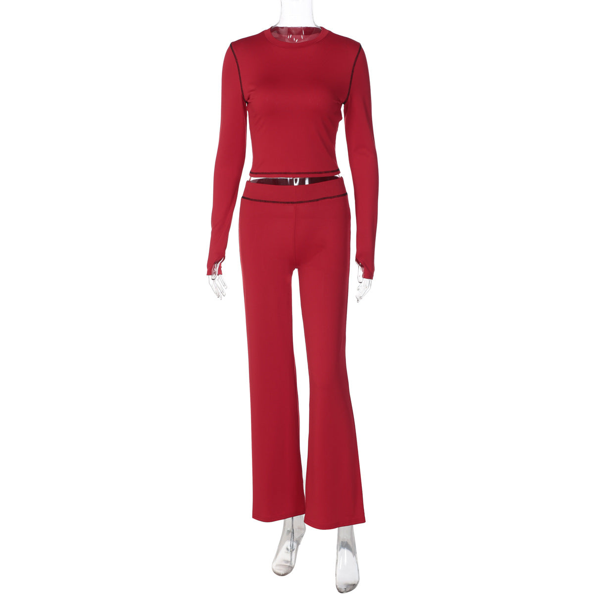 Women Clothing Winter Long Sleeve round Neck Solid Color Slim Fit Reverse Stitching Trousers Two Piece Set