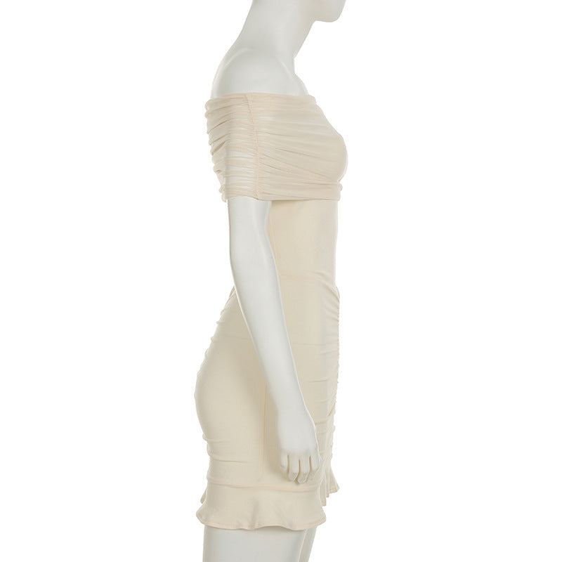 Women Clothing Ruffle Hip Ruffled Mesh Outerwear Strapless Dress Slim Dress