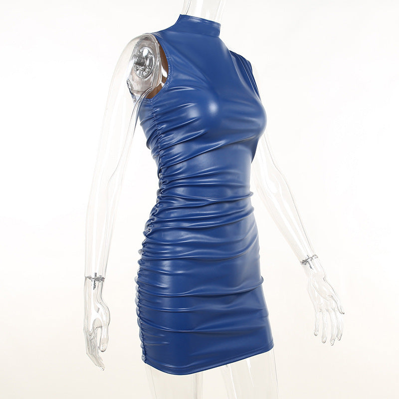 Women Clothing Autumn Winter Stand Collar Sleeveless Ruffle Hip Faux Leather Dress Women Dress