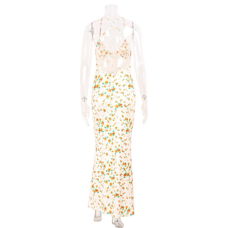 Spring Summer Waist Slimming Elegant Floral Strap Dress Deep V Plunge Vacation