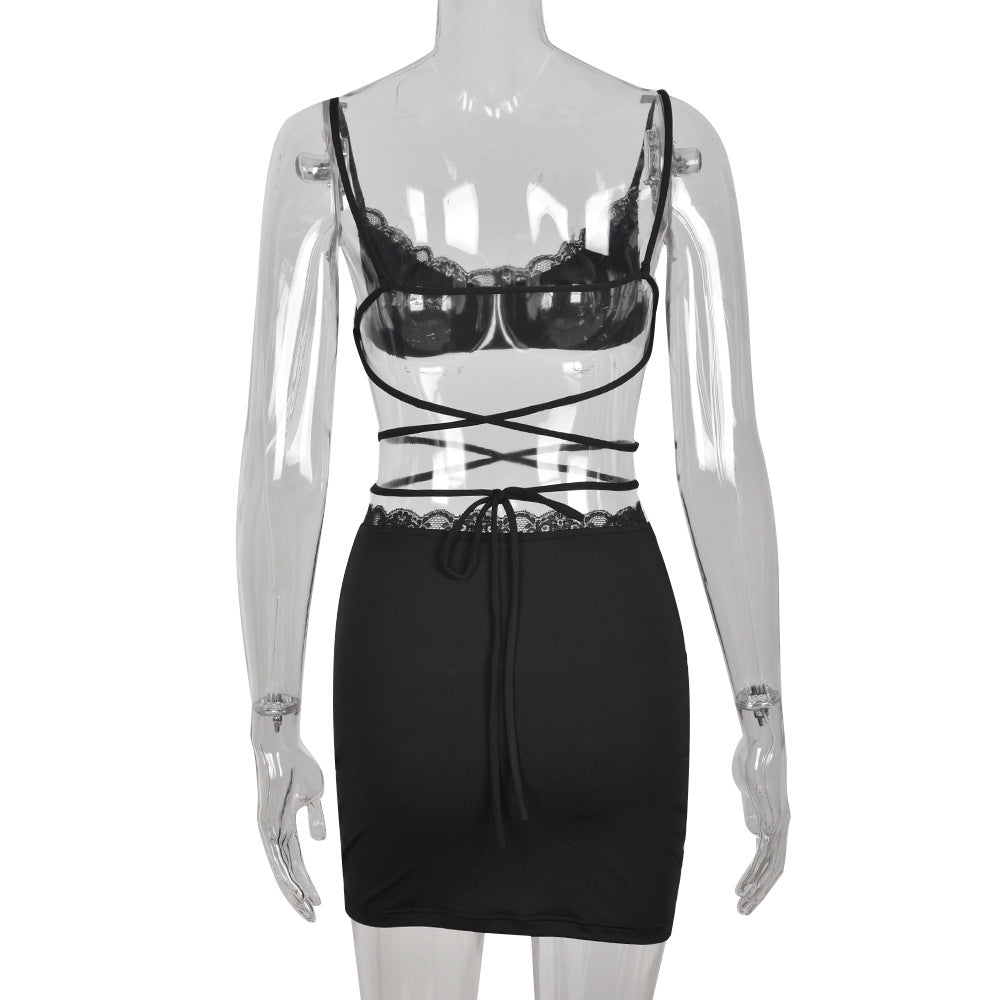 Summer Spaghetti Straps Corset Short Skirt Lace-up Sexy Hollow Out Cutout Two-Piece Women Clothing