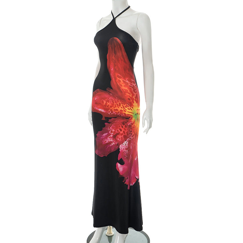 Women Floral Print Halter Lace up Sleeveless Backless Slim Fit Maxi Dress Women