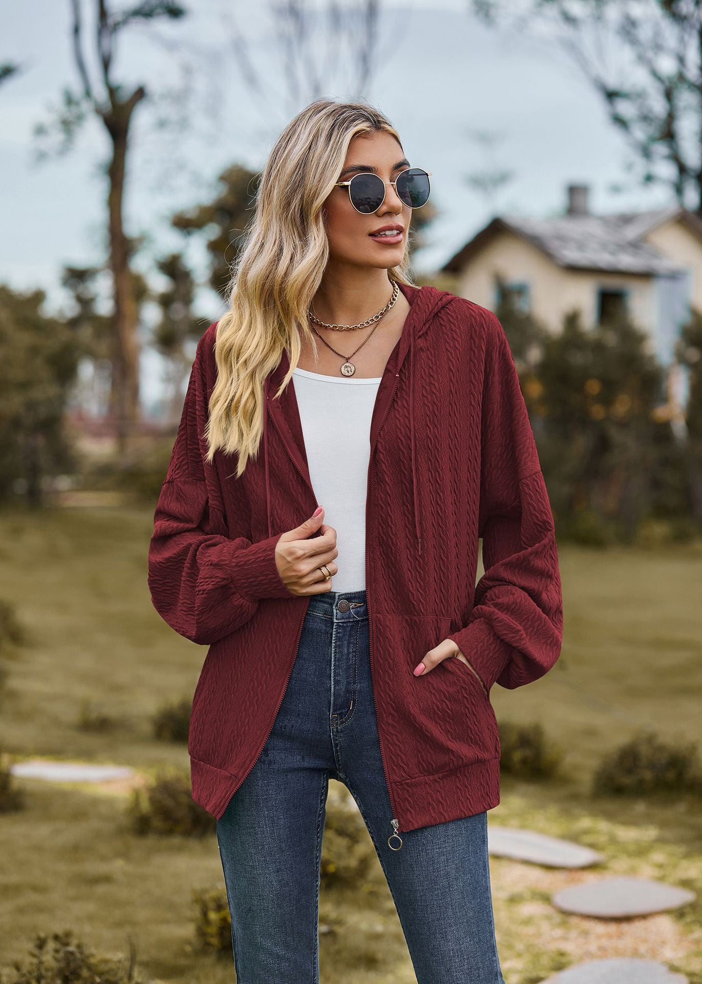 Autumn Winter Solid Color Pocket Long Sleeve Loose Hooded Sweatshirt Women Coat