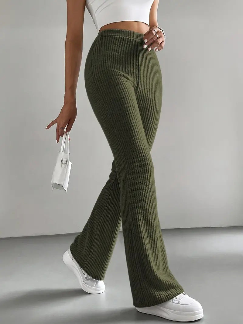 Bell Bottom Pants Women Autumn Solid Color Casual Pants Rib Knitted Fashionable All Match Slim Fit Women Pants