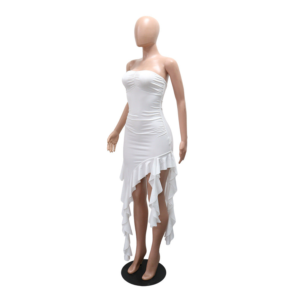 Tube Top Irregular Asymmetric Dress Solid Color Ruffles Dress Women Sheath