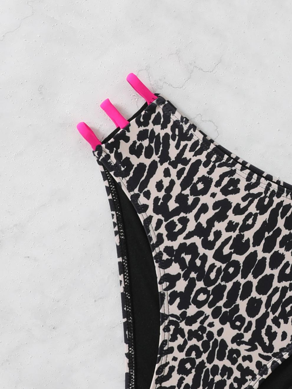 Split Swimsuit Leopard Print Simple Bikini Women Sexy Beach Swimsuit with Chest Pad