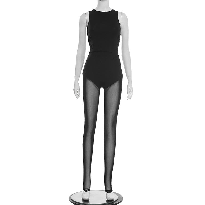 Women Clothing Spring Solid Color Sexy Pleated Sleeveless Stitching Mesh Slim Fit Long Conjoined Trousers