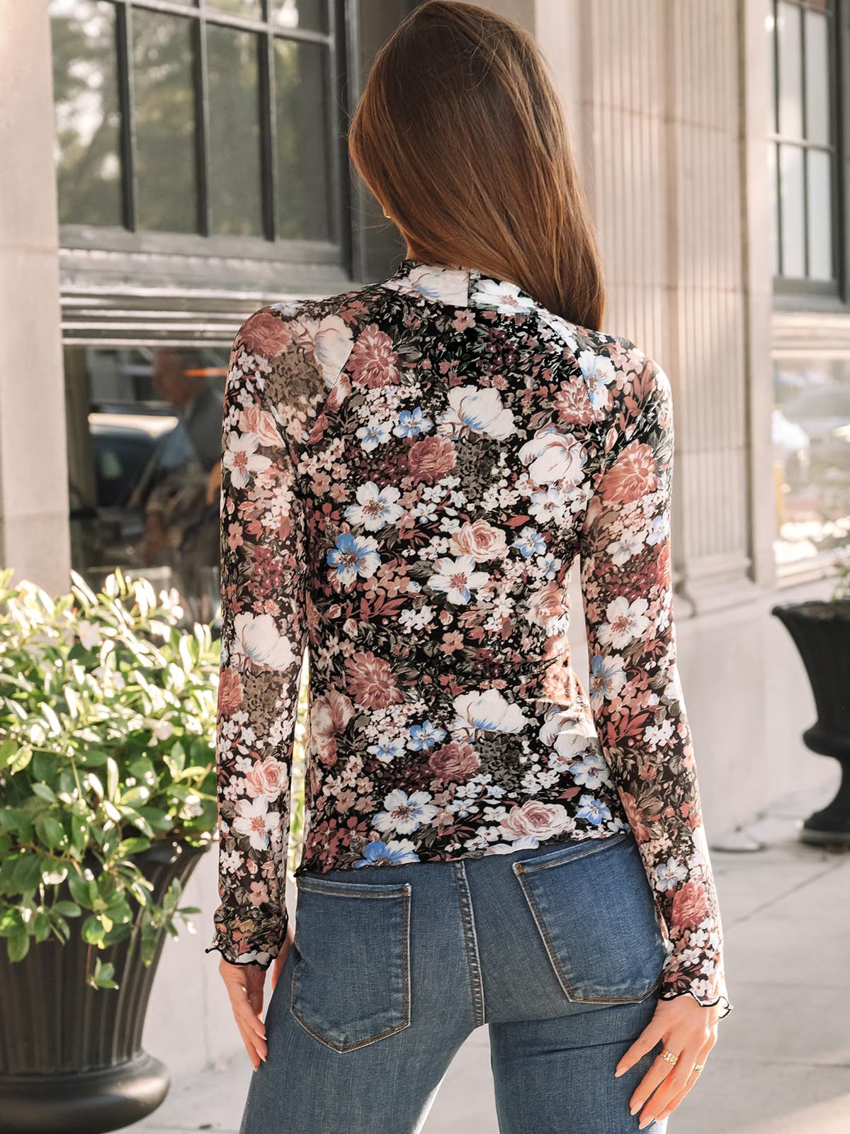 Women Half High Collar Long Sleeves T shirt Sexy Mesh Floral Print Top