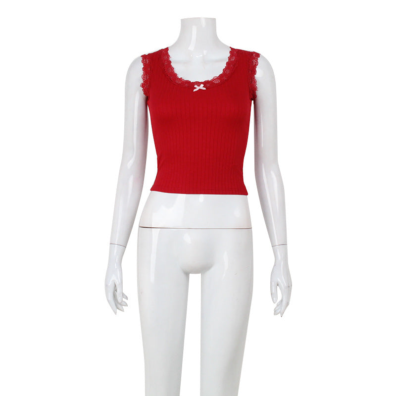 Women Sexy Square Neck Lace Edge Stitching Sleeveless Camisole Red Sweet Spicy Short Top for Women