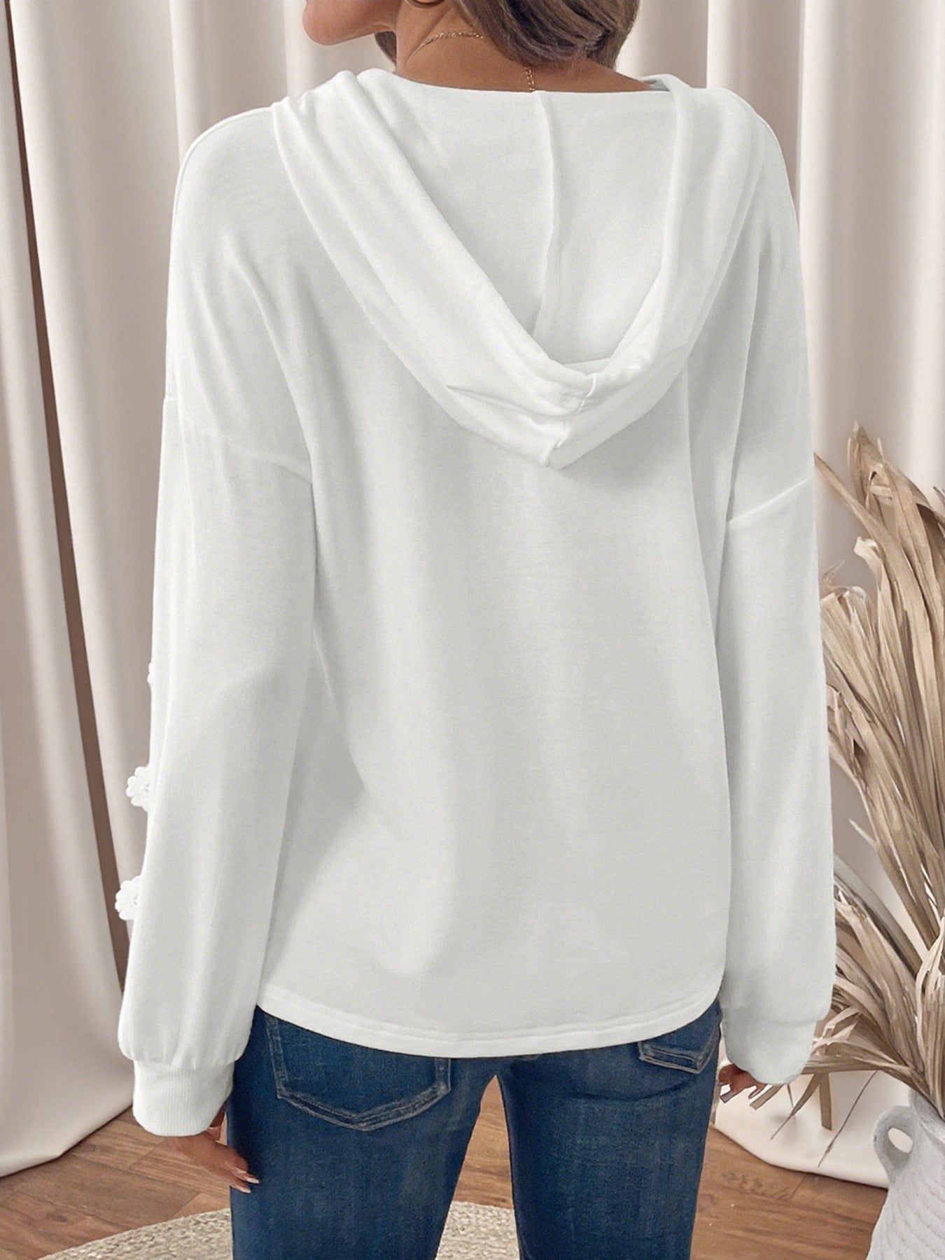 Lace Patchwork Hoodie Solid Color Casual Pullover Top Women
