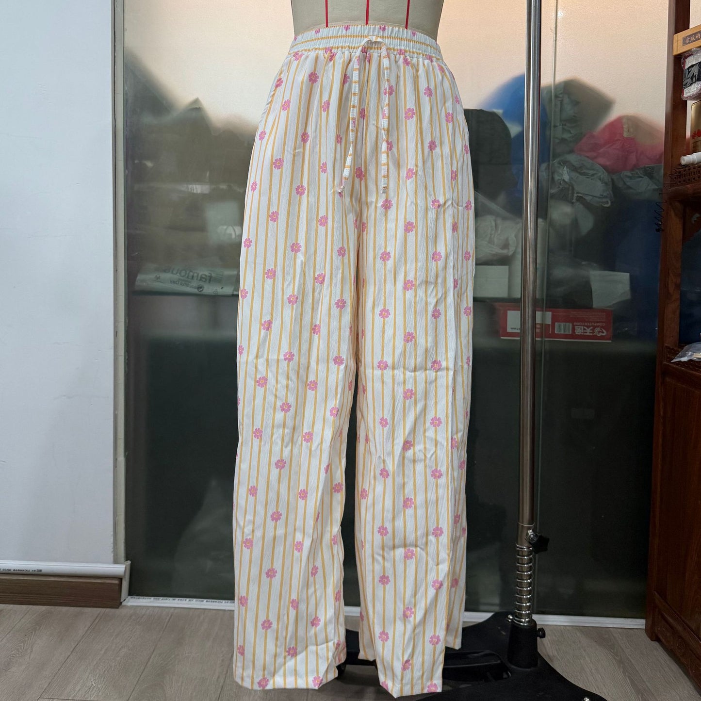 Thin Striped Printed Women Casual Pants Summer Drawstring Straight Loose Wide Leg Mop Pants