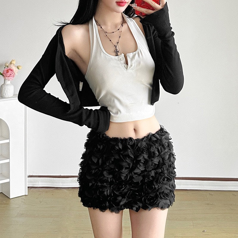 Women Clothing Nightclub Sexy Solid Color Three Dimensional Floral Ultra Short Skirt Straight Hair