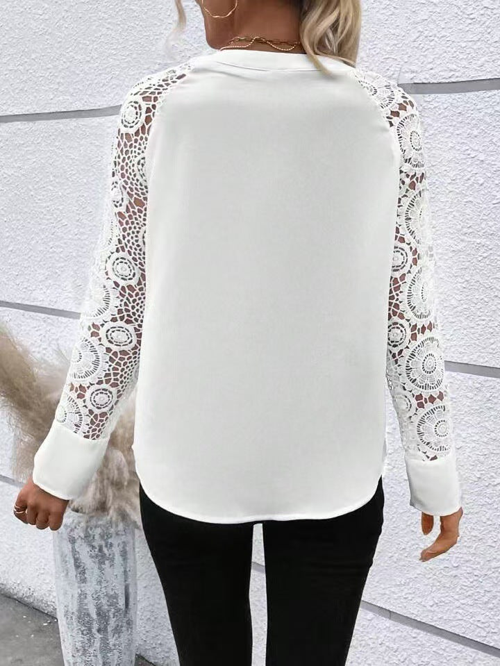 Stitching Embroidery Lace Sleeve Long Sleeve V neck Women Spring Summer Shirt Top