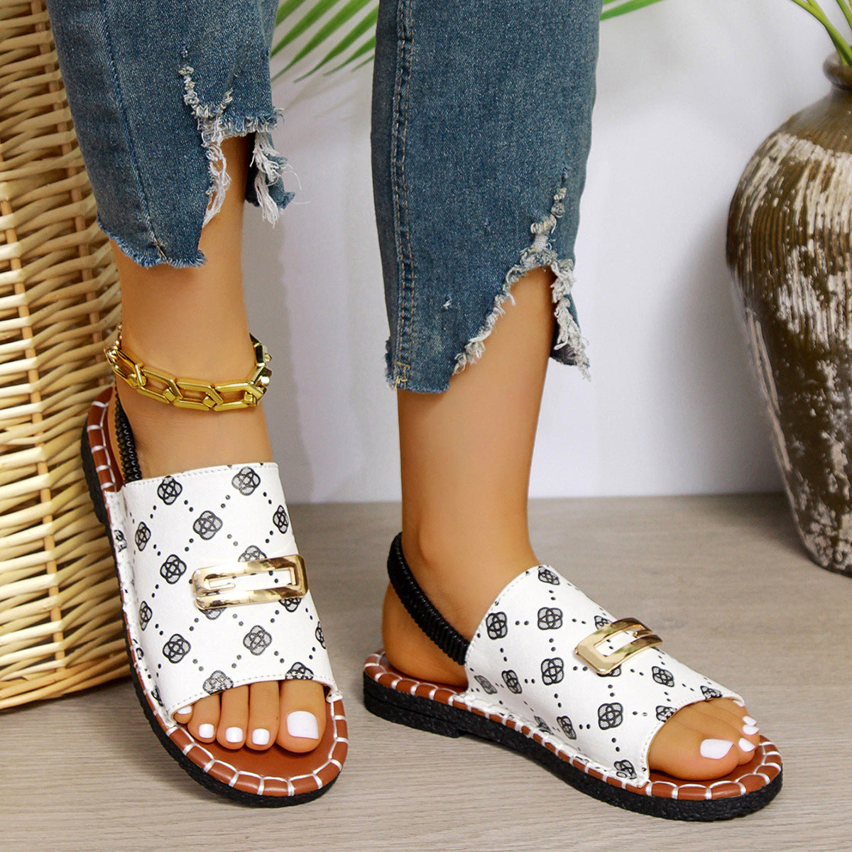 Elastic Band Flat Sandals Women's Cloth Buckle Open Toe Beach Slippers