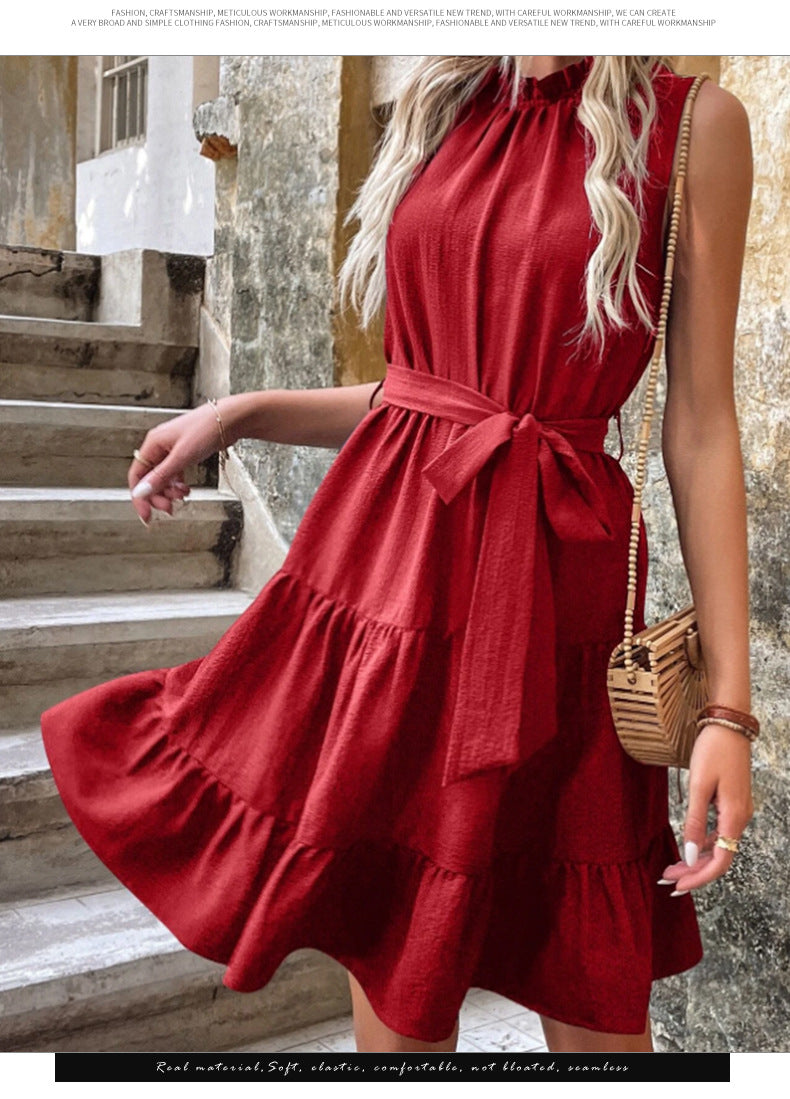 Summer Office Lace up Waist Women Dress Slim Beach Dress