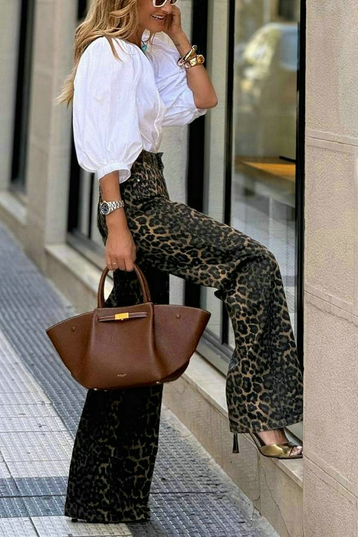 V neck Puff Sleeve White Shirt High Waist Retro Leopard Print Wide Leg Pants Two Piece Sets