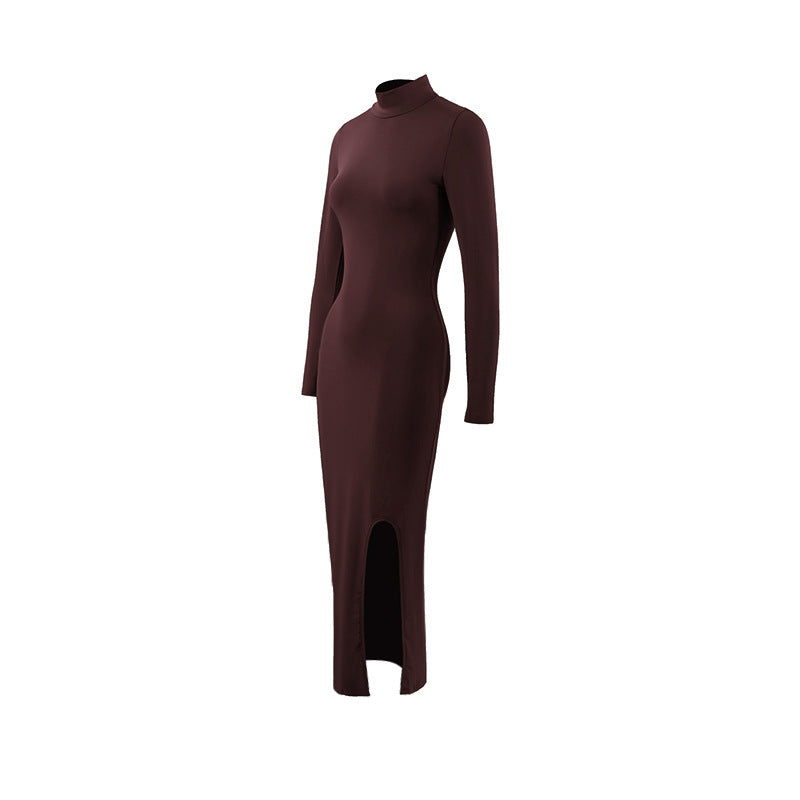 Autumn Elegant Socialite Private Clothes Stand Collar Long Sleeve Slim Sheath Split Dress Delivery