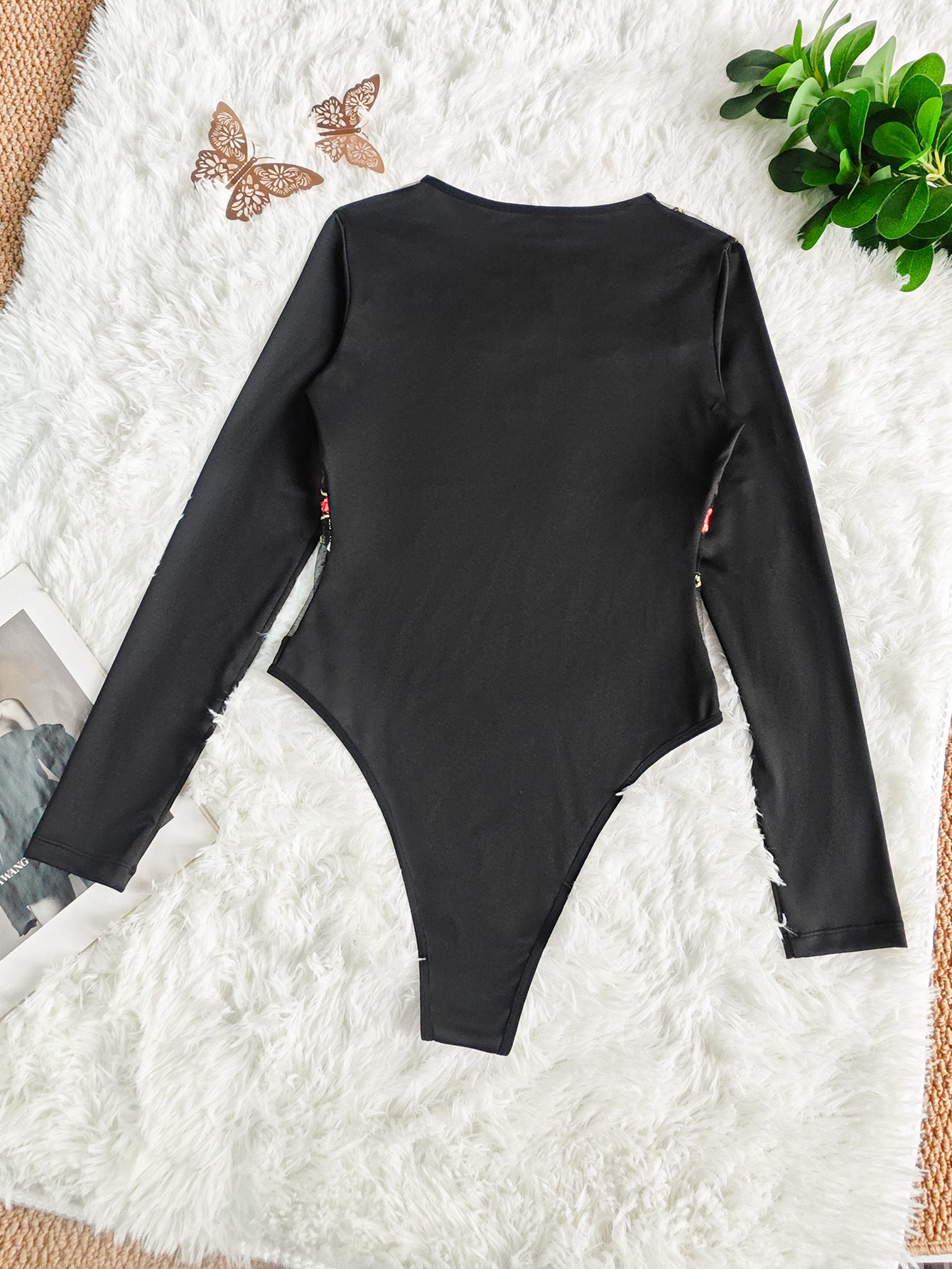 Sexy Mesh Transparent Embroidered Floral One Piece Long Sleeve Top All Match Jumpsuit