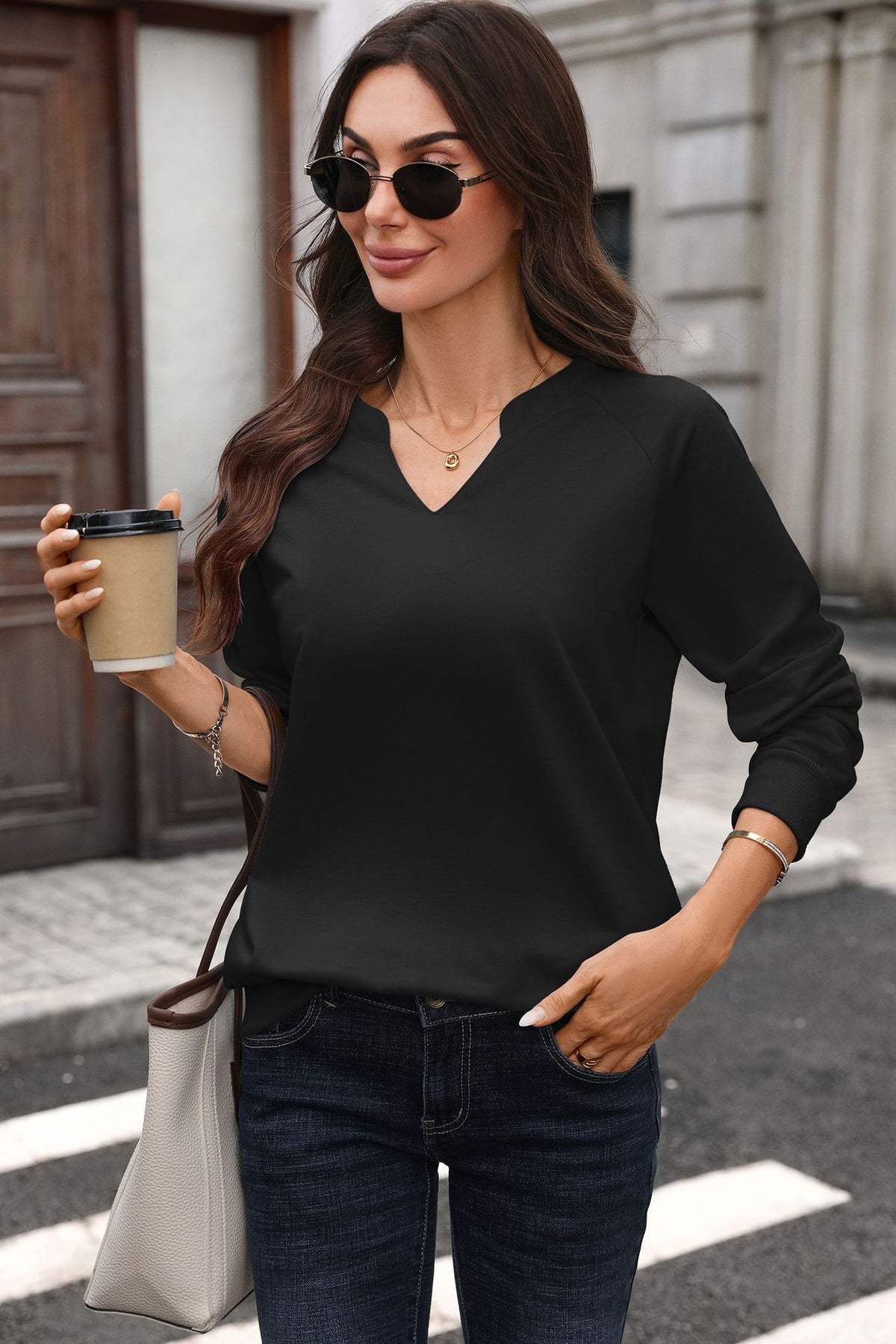 Autumn Winter Solid Color V neck Rib Stitching Loose Long Sleeve Sweatershirt Women