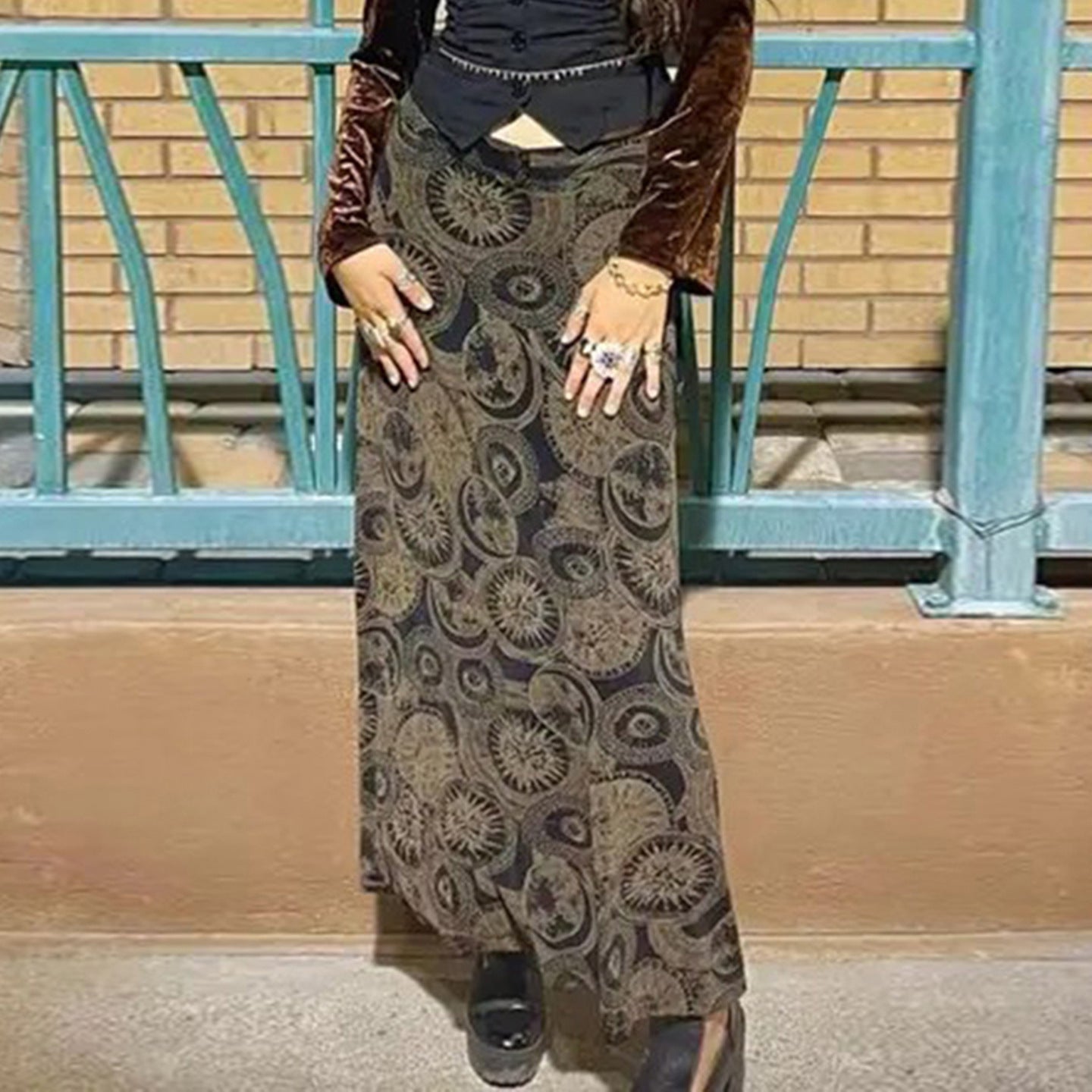 Ethnic Print Distressed Retro High Waist Cover Slimming Spring Summer Elegant Circle Maxi Skirt