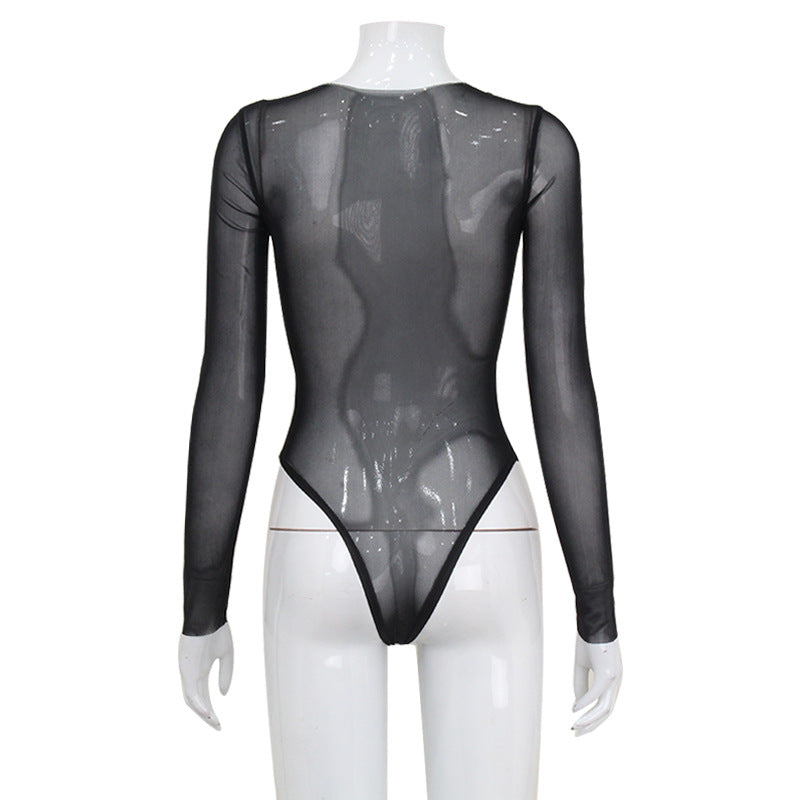 Spring Women Clothing Mesh Sexy Long Sleeve Mesh Slimming Patchwork Sexy Jumpsuit Women