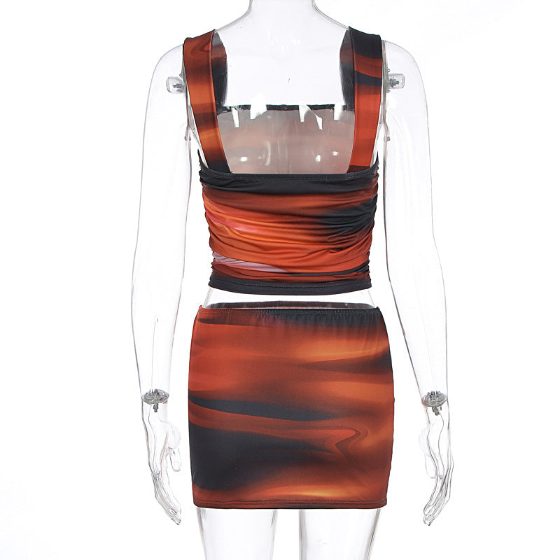 Summer Women Clothing Rainbow Printing Sexy Sling Top Sheath Skirt Two Piece Sets