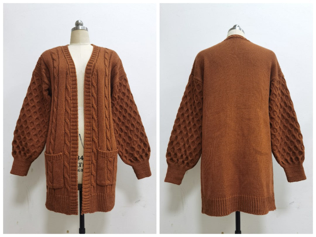 Popular Lantern Sleeve Autumn Winter Women Sweater Women South Solid Color Mid Length Knitted Cardigan