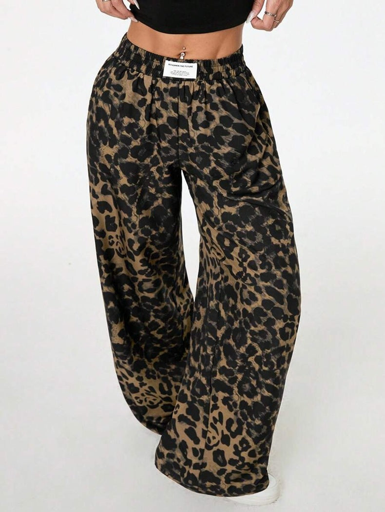 Women Winter Leopard Print Casual Pants Loose Elastic Waist Printed Wide Leg Trousers