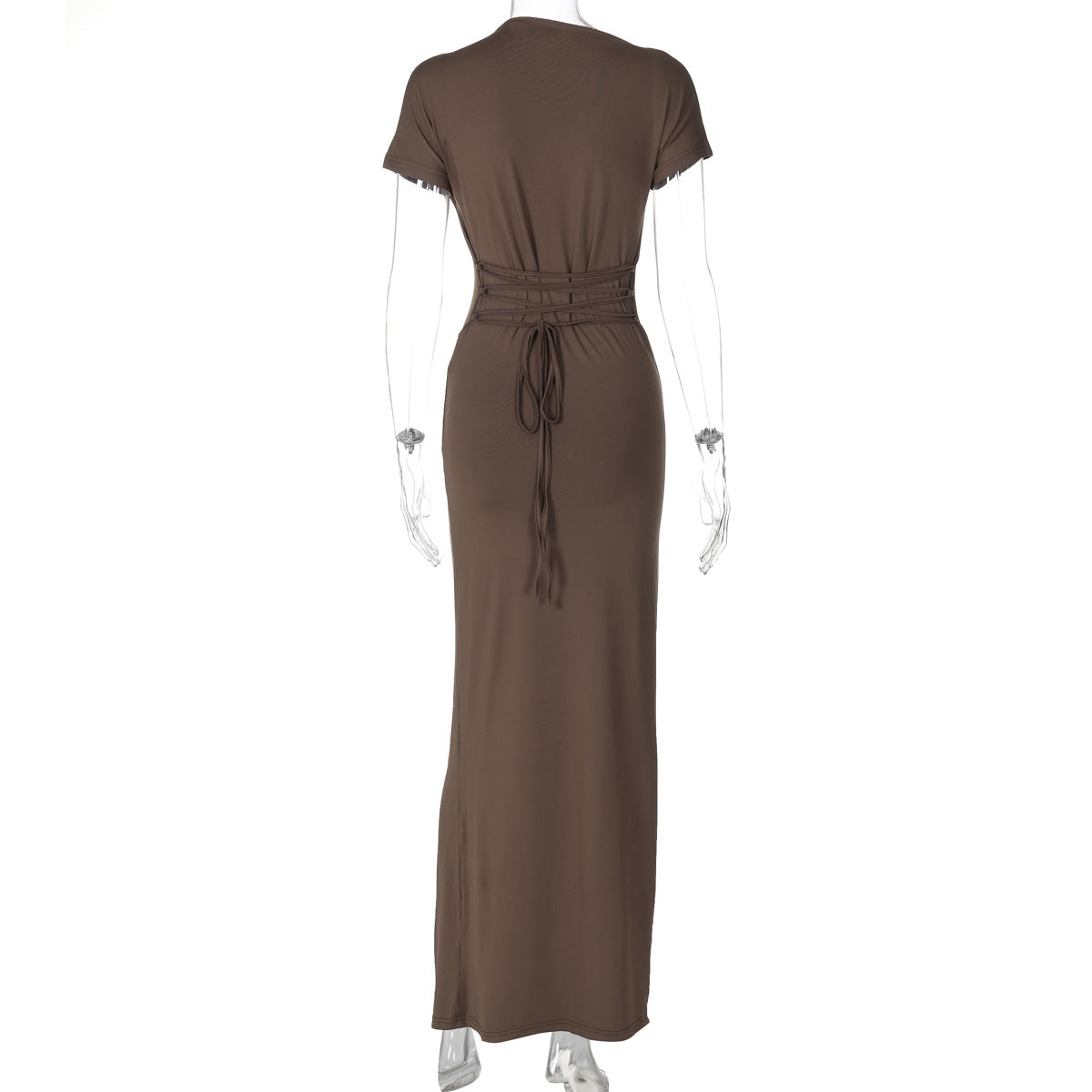 Women Clothing Autumn Slim Pleated Lace Up Short Sleeve Dress Women