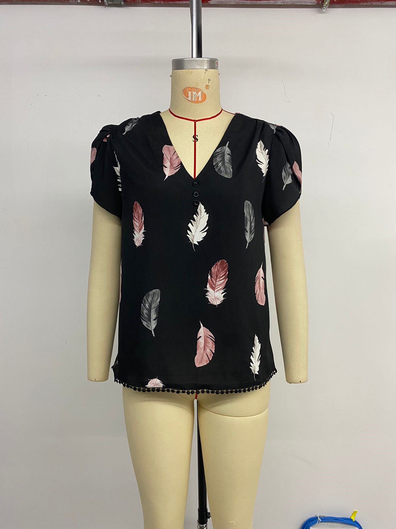 Top Personality V neck Puff Sleeve Feather Printed Shirt for Women