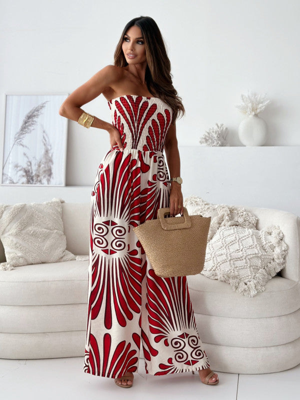 Women Clothing Chemical Supply Summer Printed Tube Top Cinched Waist Trousers Jumpsuit