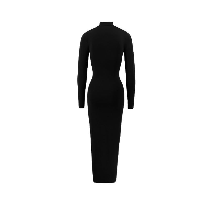 Autumn Elegant Socialite Private Clothes Stand Collar Long Sleeve Slim Sheath Split Dress Delivery