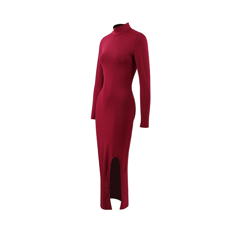 Autumn Elegant Socialite Private Clothes Stand Collar Long Sleeve Slim Sheath Split Dress Delivery
