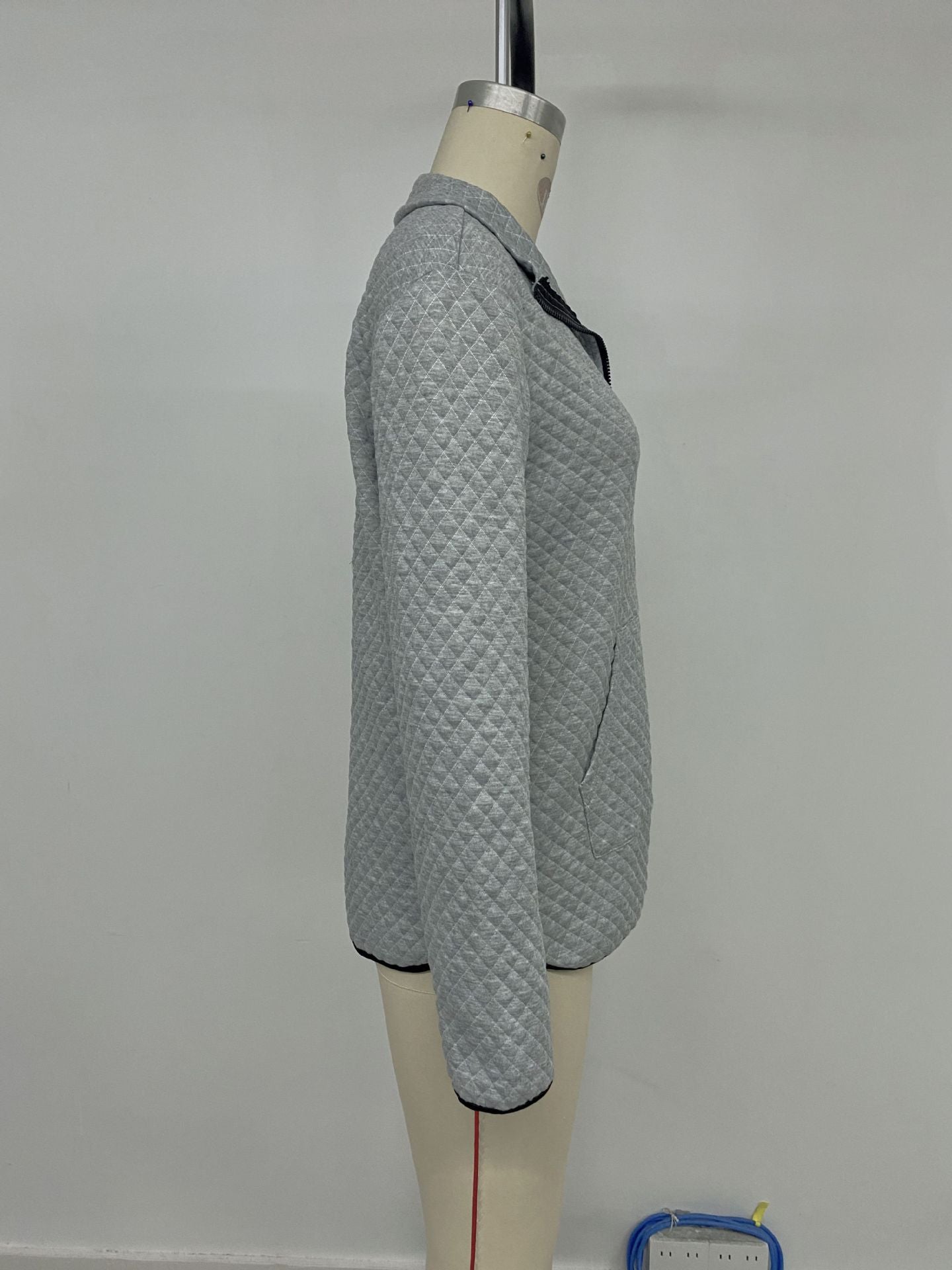 Casual Simple Sports Half Open Zipped Stand Collar Diamond Lattice Fabric Solid Color Hoodie Women