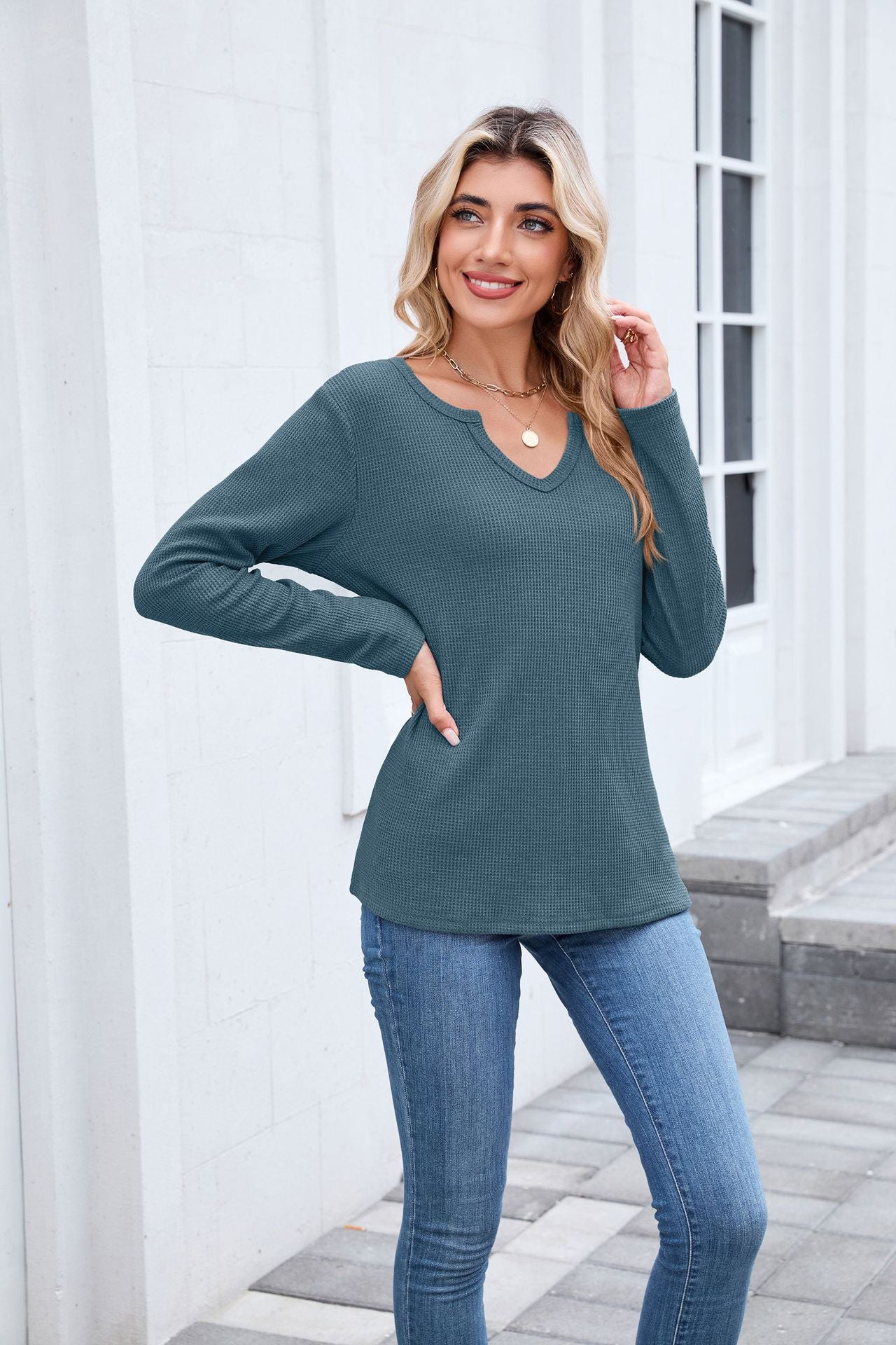 Autumn Winter Waffle Solid Color V neck Loose Long Sleeved T shirt Top Women
